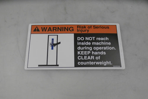 30025590
LABEL REGULATORY ANSI WARNING '...KEEP HANDS CLEAR OF COUNTERWEIGHT.' (SIZE = 6.63 X 3.62)